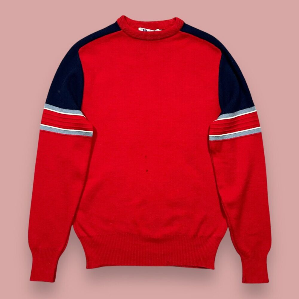 Vintage 70s Wool Sweater Ski Retro Striped Long Sleeve Pullover Jumper Womens